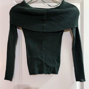 Off-Shoulder Ribbed Button-Front Women's Sweater - Dark Green